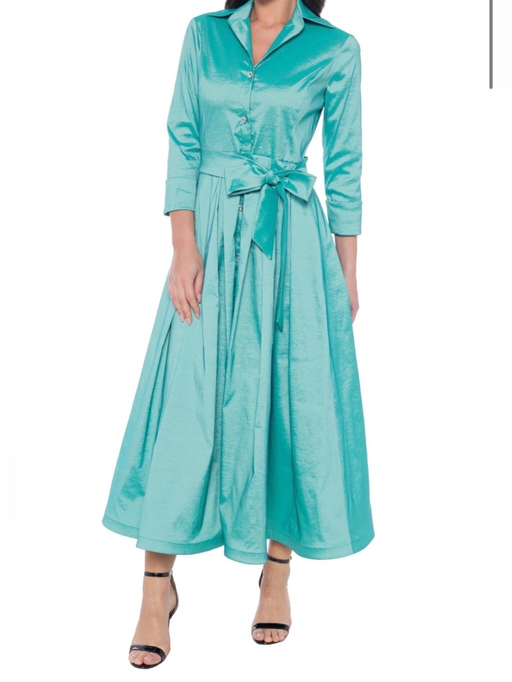 MARINA Turquoise Satin Midi Shirt Dress with Waist Bow